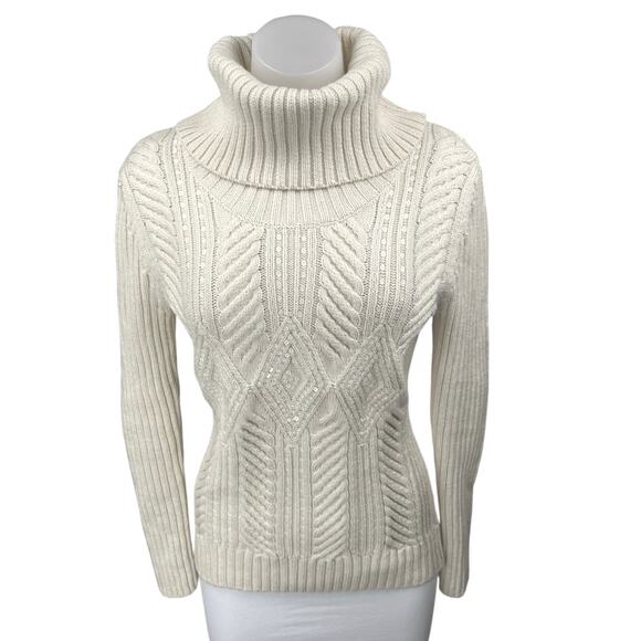 Talbots White Cable Knit Sequin Turtleneck Long Sleeve Pullover Sweater Top M - Picture 1 of 5